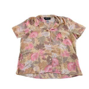 Saga Harbor Petite Floral Button-Up Shirt Size 14P 100% Polyester Pink & Beige